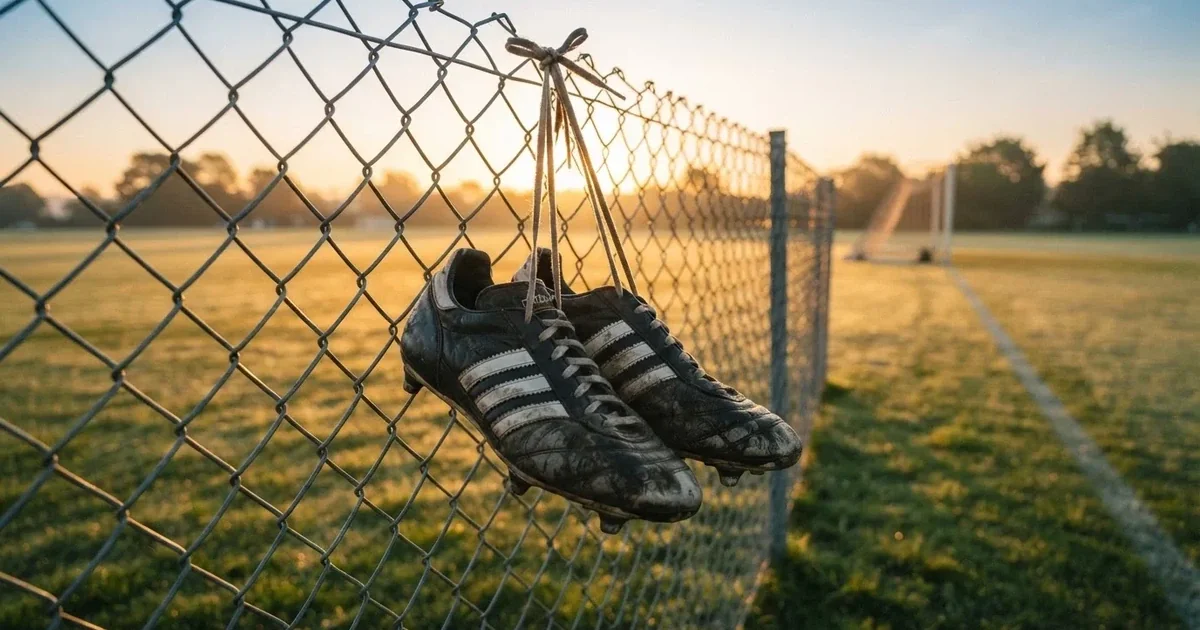 Znoszone buty piłkarskie zawieszone za sznurówki na drucianym płocie na skraju boiska treningowego o wschodzie słońca.