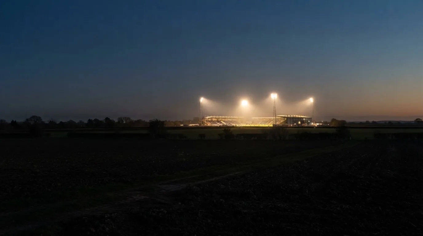 Stadion rozświetlony reflektorami widziany z daleka znad ciemnych pól w pogodny wieczór.
