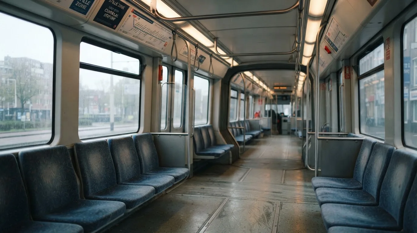 Wnętrze pustego tramwaju z rzędami siedzeń i poręczą w porannym świetle.