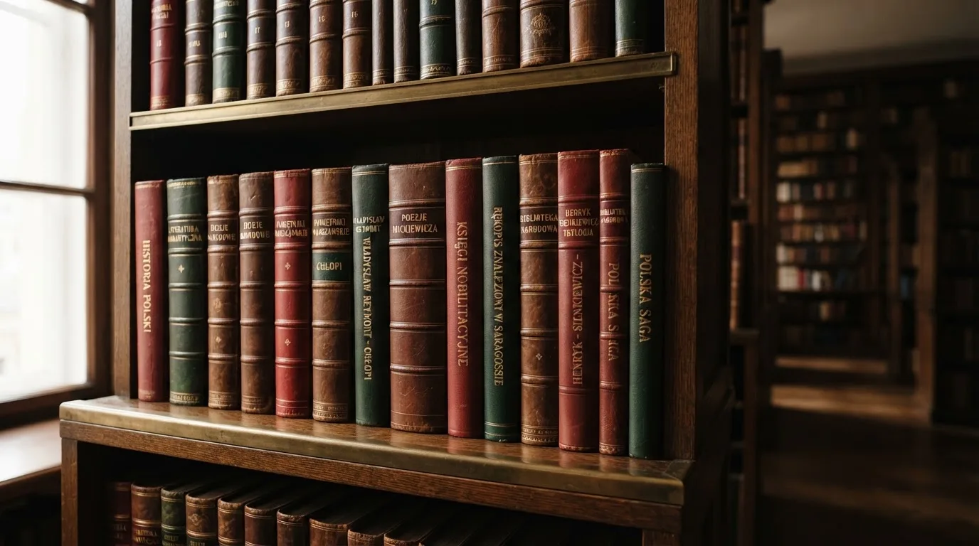 Regał z zamkniętymi książkami w skórzanych oprawach w cichej bibliotece, światło pada z boku.