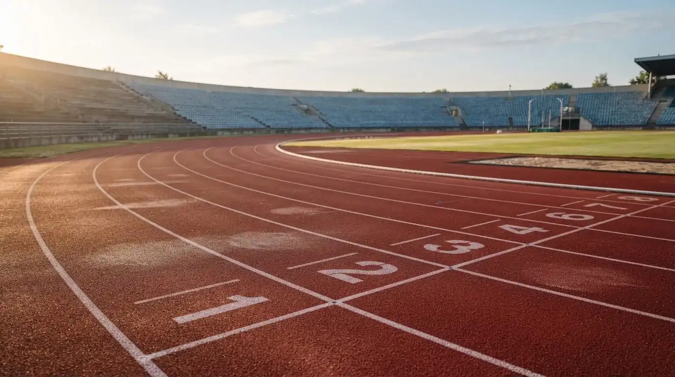 Bieżnia lekkoatletyczna wygięta w łuk pustego stadionu w porannym słońcu.