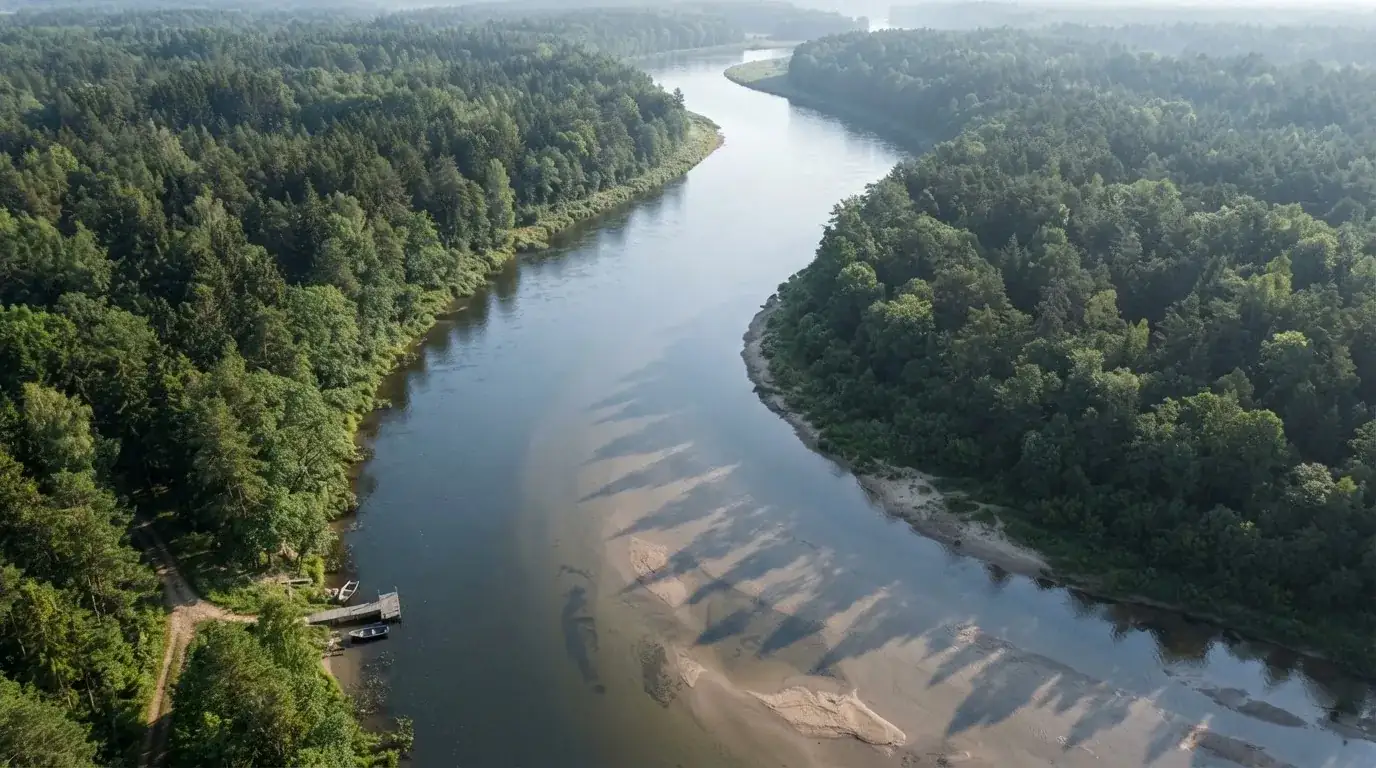 Szeroka rzeka płynie między dwoma brzegami porośniętymi lasem, ujęcie z lotu ptaka.