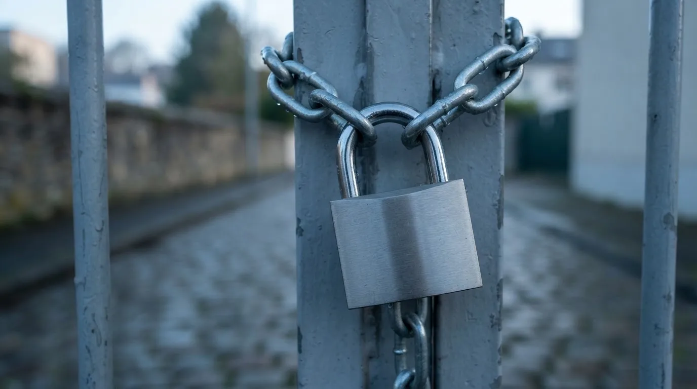 Zamknięta kłódka na łańcuchu przy metalowej bramie, ujęcie z bliska w chłodnym świetle poranka.