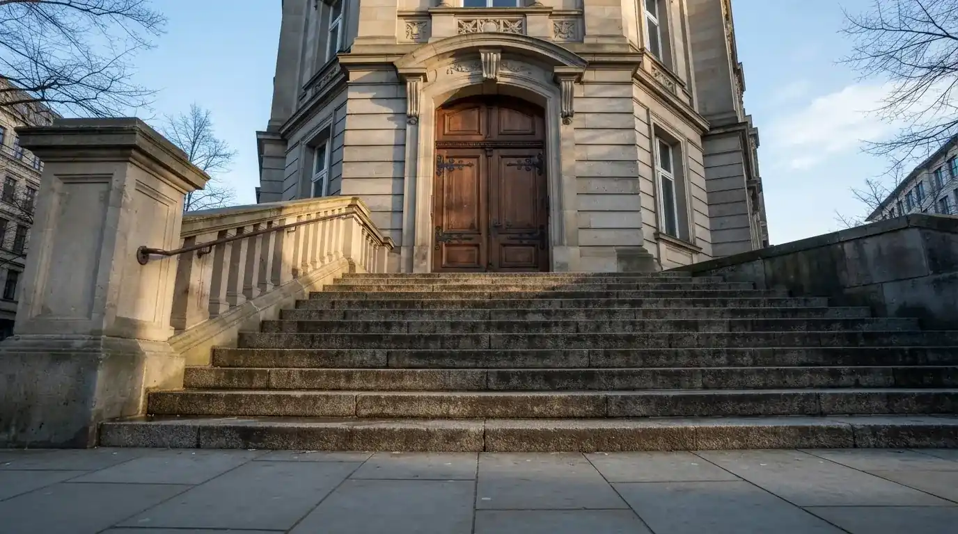 Granitowe schody prowadzące do wysokich drewnianych drzwi budynku w porannym świetle, pusta balustrada.