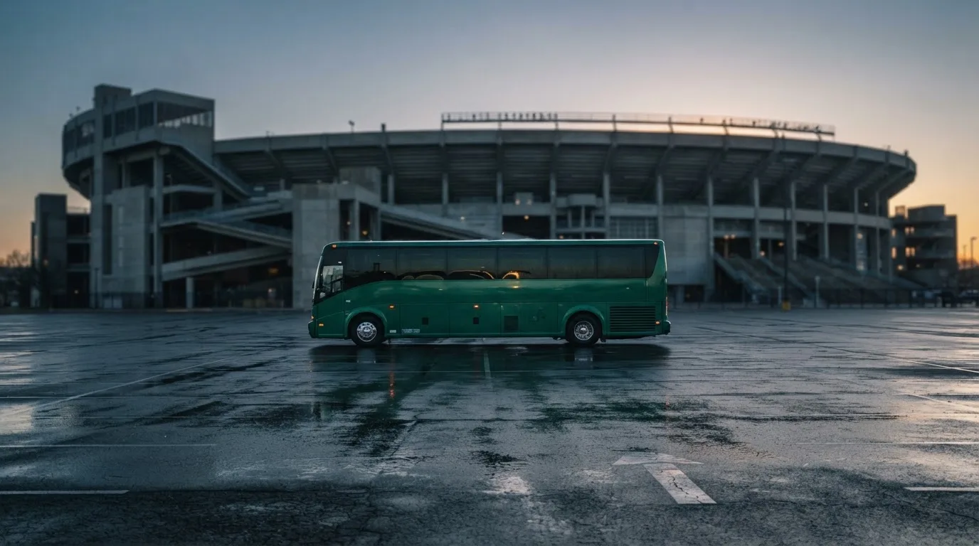 Autokar stoi na parkingu przed stadionem o świcie, rozmyte kontury trybun w tle, pusty plac i mokry asfalt.